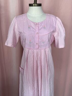 Vintage Pink Gingham Cotton Pajama Nightgown Embroidered Prairie M/L